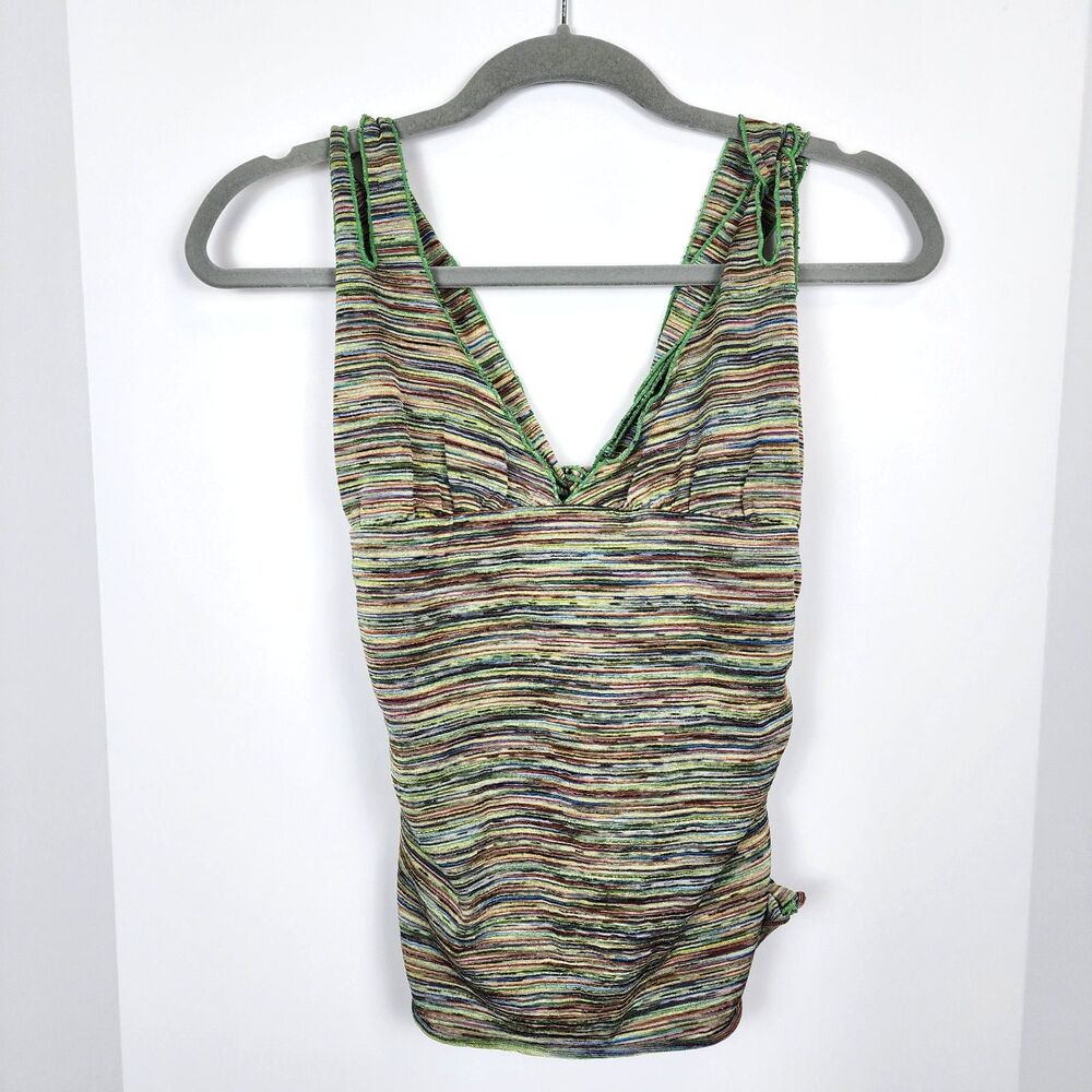 Charlotte Ronson Y2K Striped V-Neck Sleeveless Stretch Knit Top Green Size L